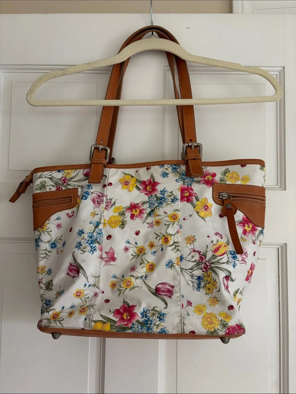 Women's Floral Tote Bag with Tan Trim